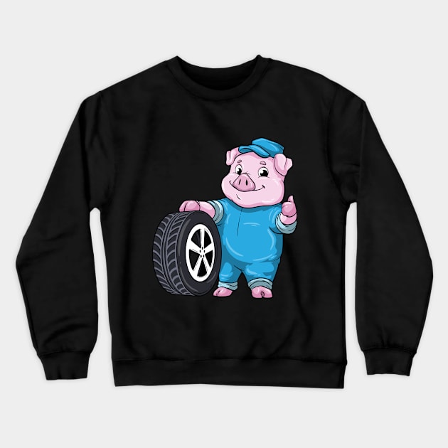 Pig as Car mechanic with Tires Crewneck Sweatshirt by Markus Schnabel